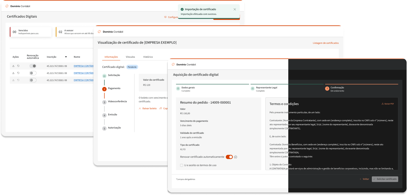 Telas do piloto de Certificados Digitais nos modos claro e escuro